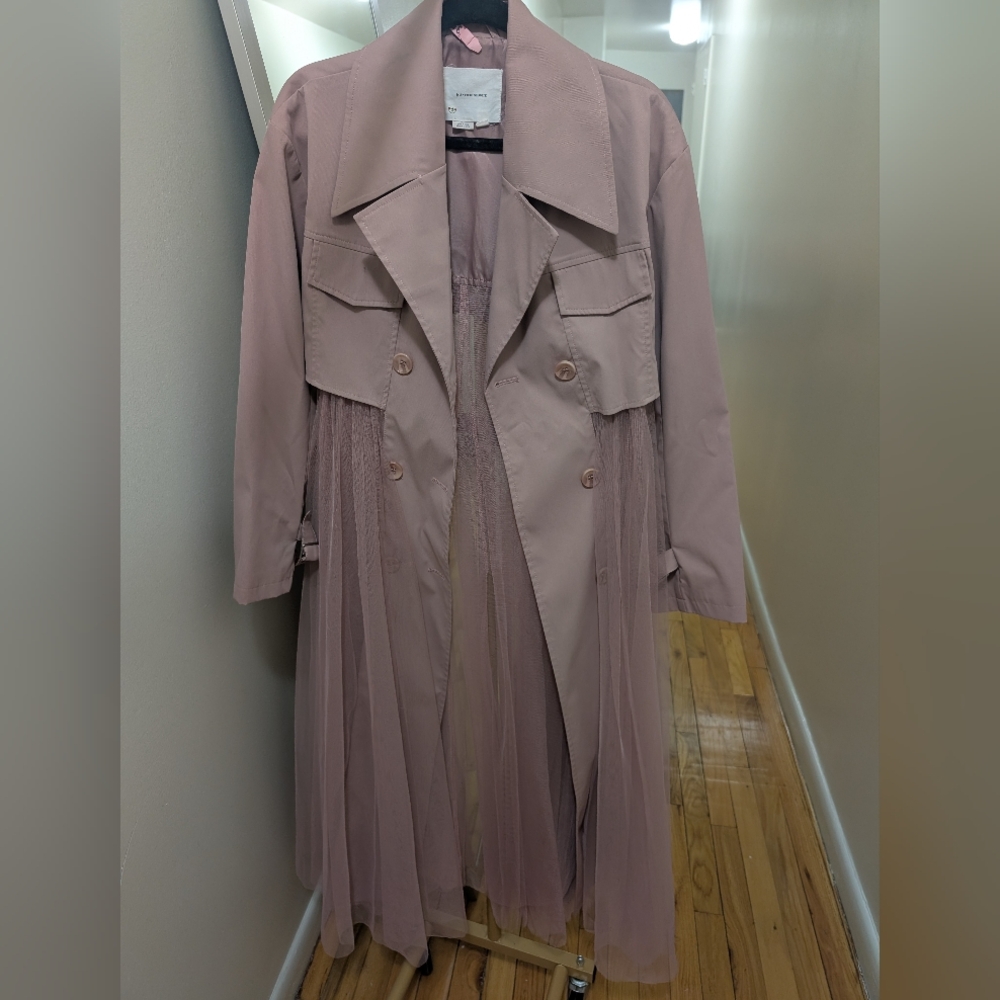 Anthropologie Womens Blush Pink Trench Coat Tulle Pleated Detail Size Small Flaw - Picture 6 of 14